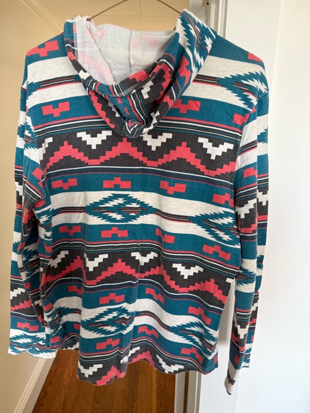 Quiksilver Teal, Coral & White Aztec Hooded Henley Sweatshirt - Picture 2 of 2
